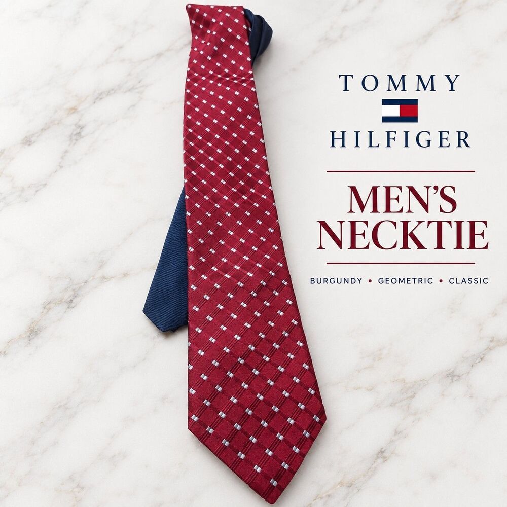 Tommy Hilfiger Men's Burgundy Red Geometric Pattern Necktie Classic